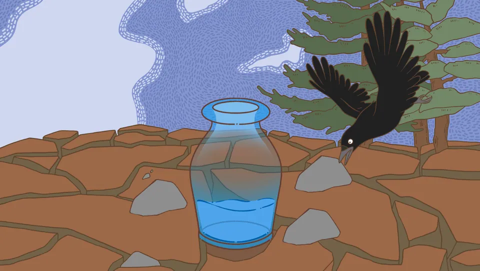 A scene from the Aesop's Fables game: a crow beside a water urn and stones