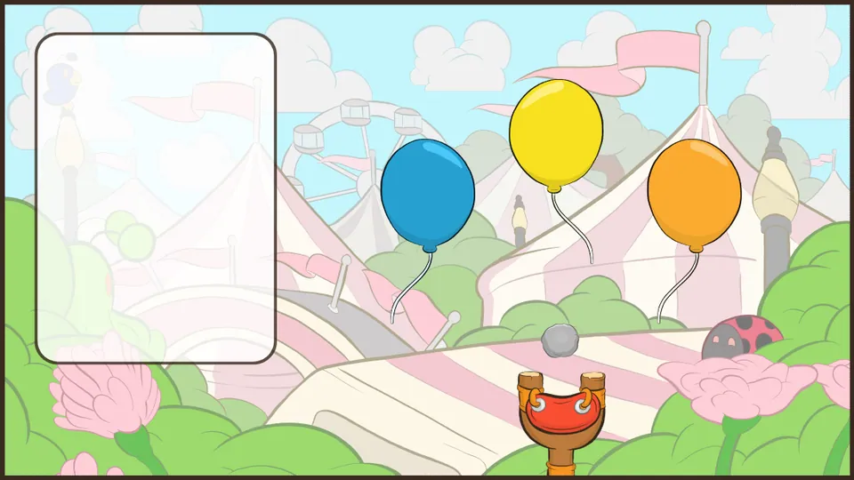 A scene from the carnival game: balloons above a slingshot