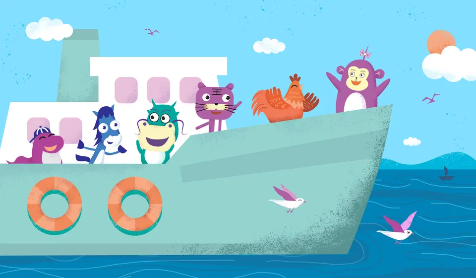 A scene from the Zodiac game: zodiac animals sailing on a boat