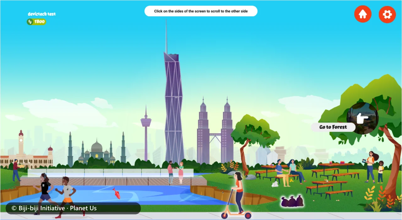 A park beside a river with joggers, picnickers and the Kuala Lumpur skyline, and a Go to Forest sign