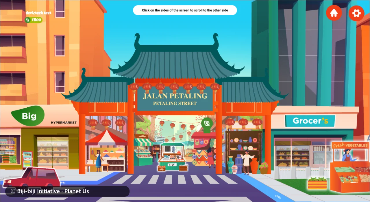 The Jalan Petaling gate and market stalls, with a hypermarket and a grocery beside them