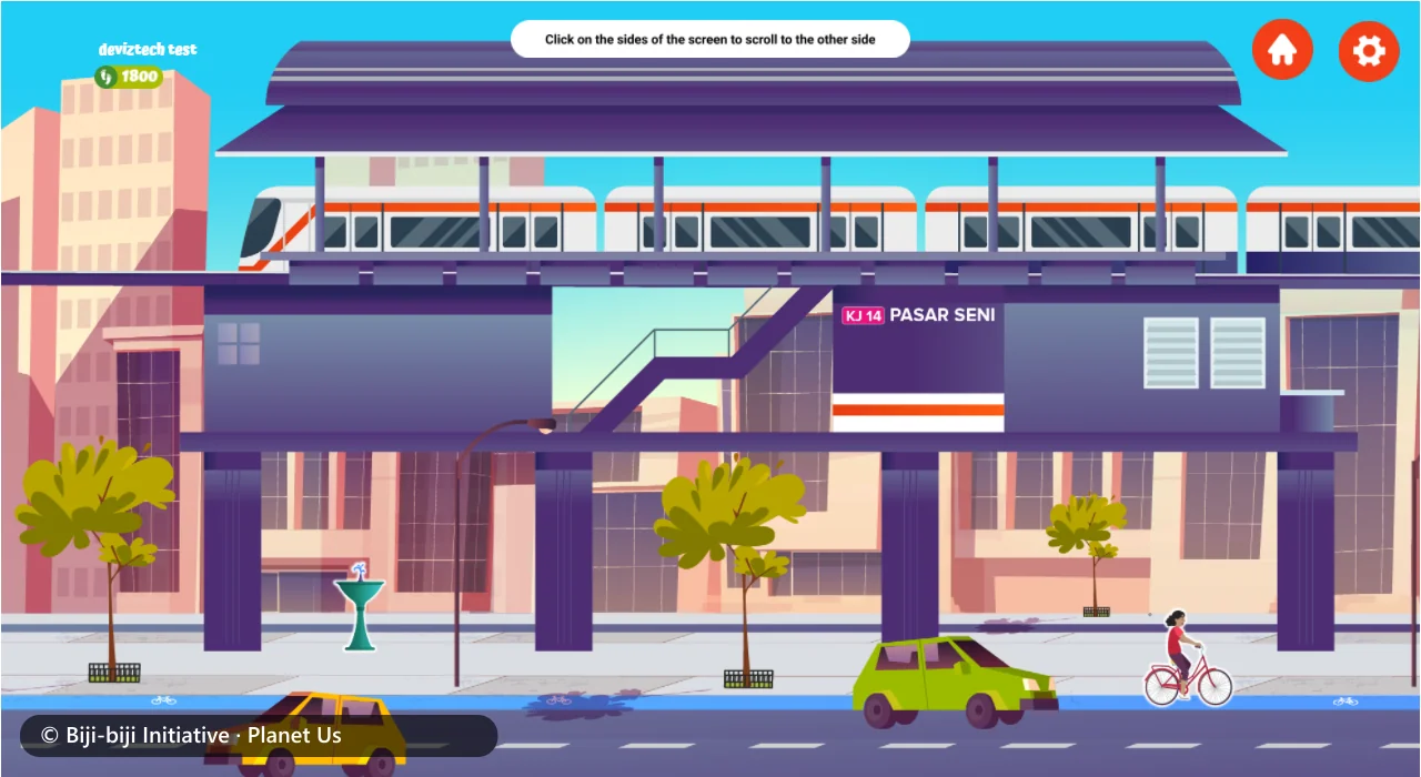 A side-scrolling Kuala Lumpur street with the Pasar Seni rail station, a train, cars and a cyclist