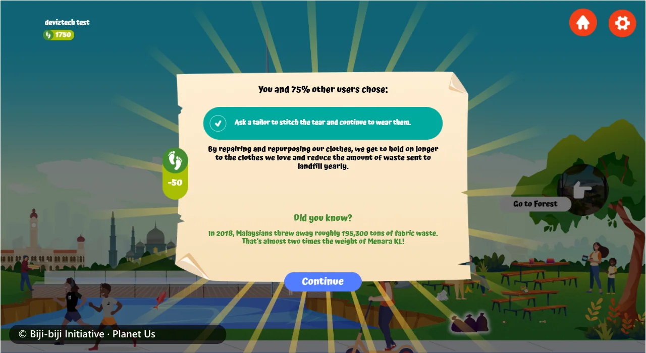 The answer screen: the share of other players who chose the same, a short explanation, a Did you know fact and a footprint score drop of 50