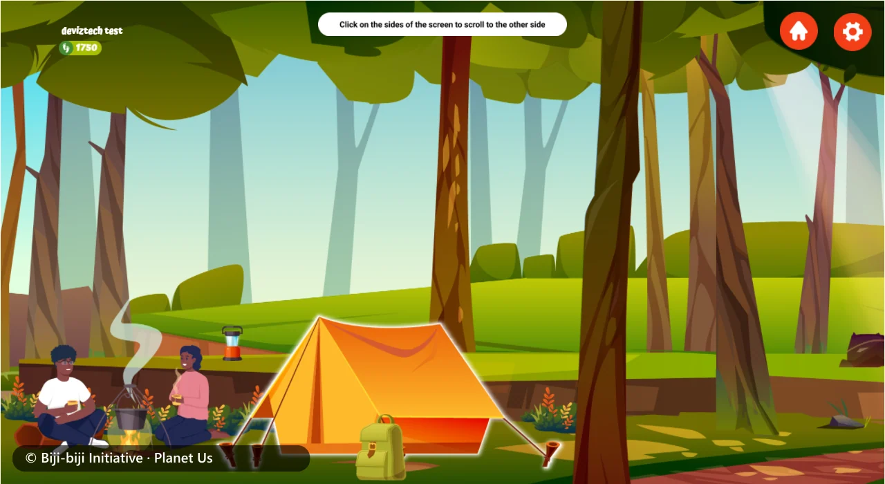 Two campers by a fire beside an orange tent in the forest