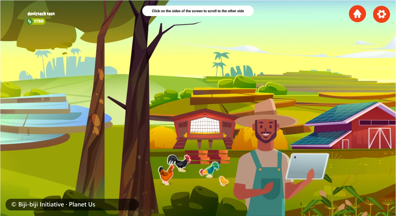 A farmer with a tablet beside a chicken coop and a barn with solar panels