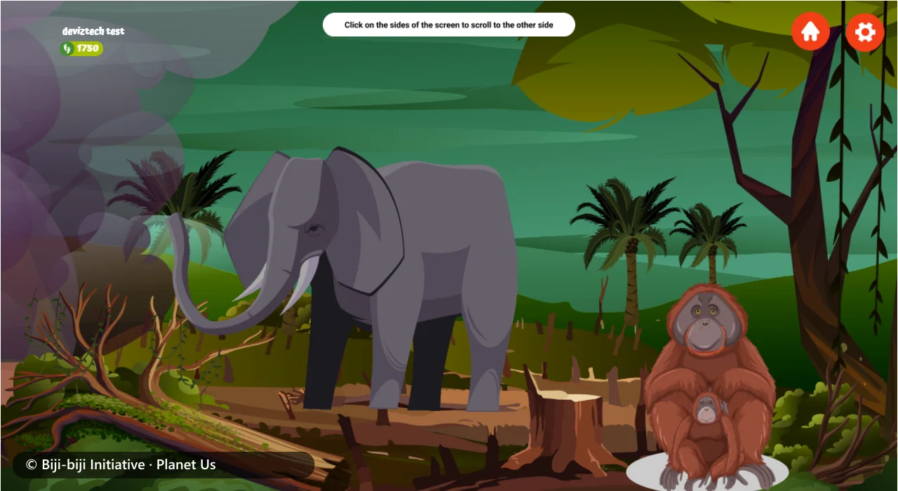An elephant and an orangutan with its baby in cleared forest beside tree stumps