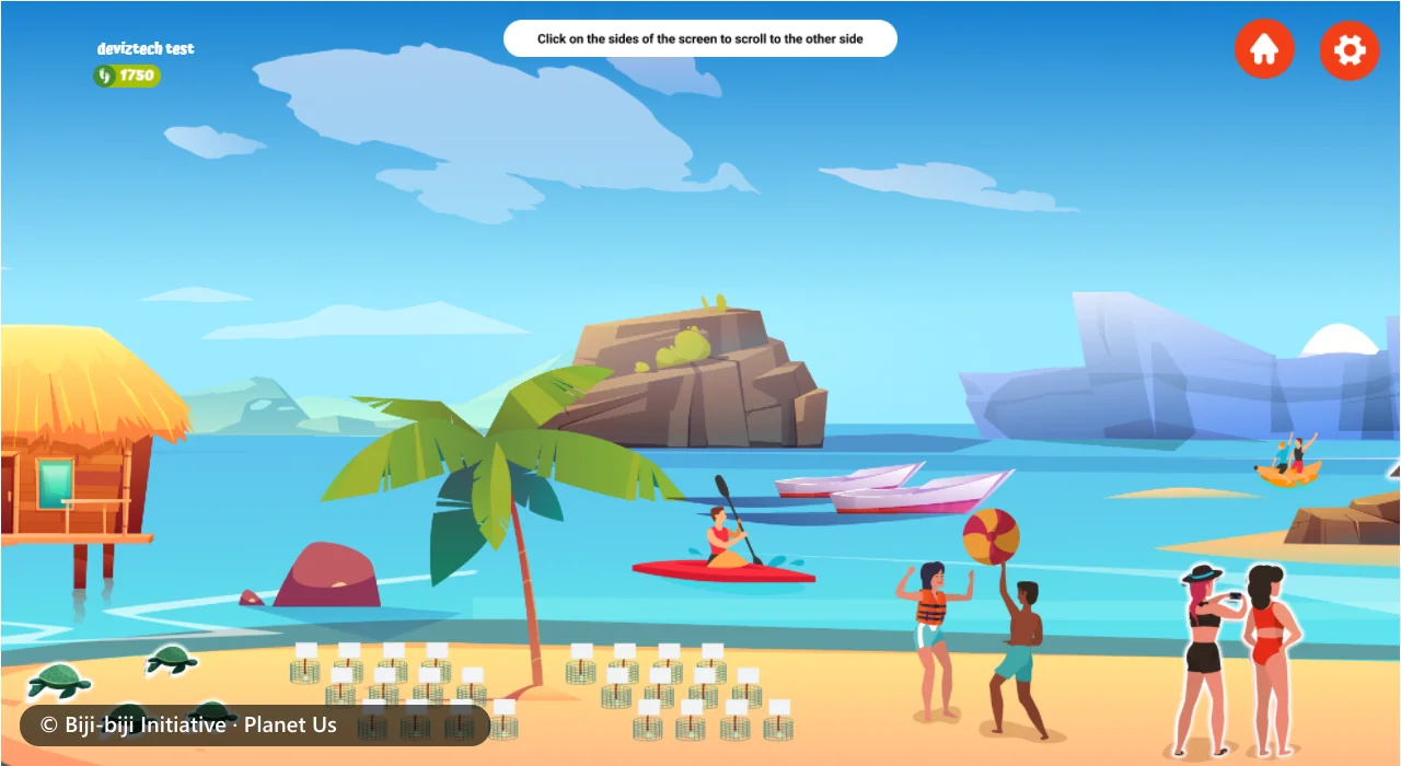 A beach with turtles and turtle nests, a kayaker, swimmers and a stilt hut