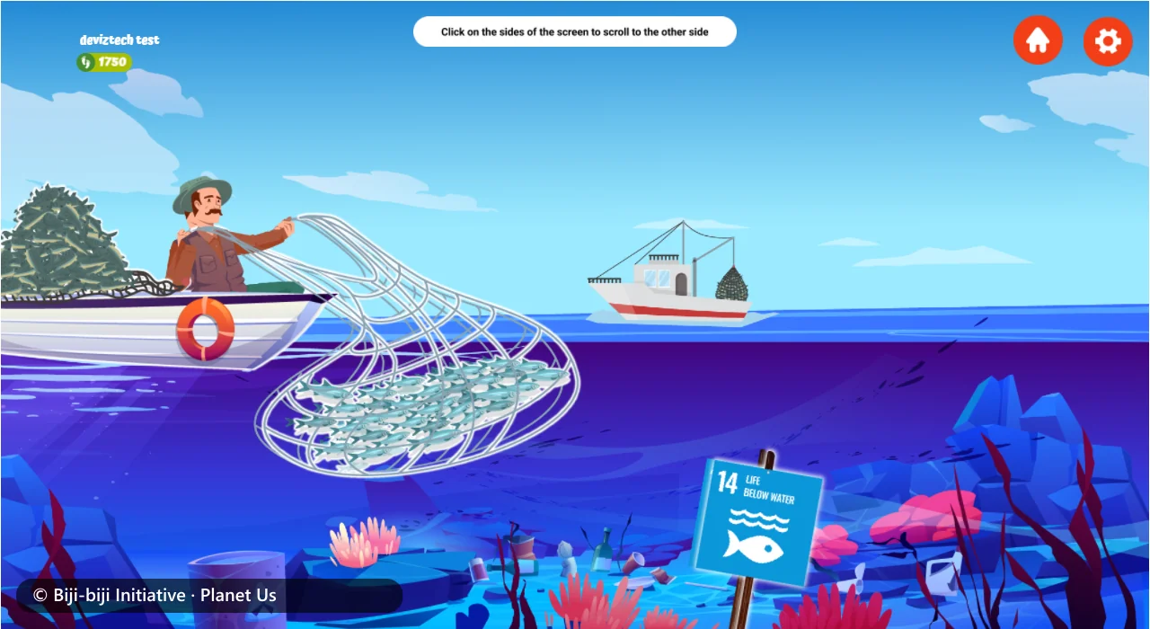 A fishing boat and net above a polluted reef, with a United Nations Sustainable Development Goal 14 sign