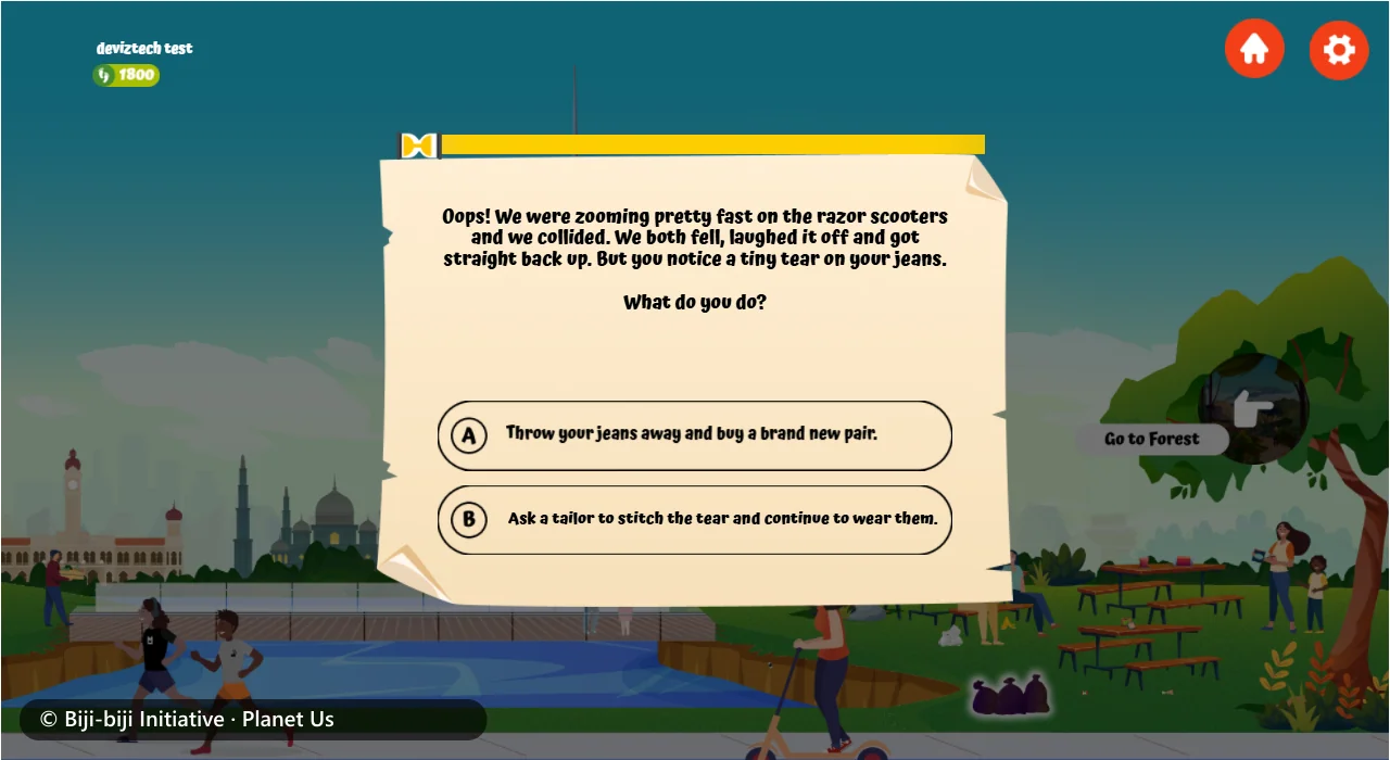 A scenario question with a timer: a torn pair of jeans, and two options