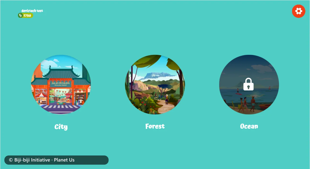 The world map with three round pictures: City, Forest and Ocean